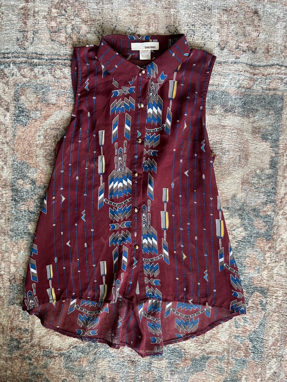 Sans Souci Burgundy and Blue Geometric Arrow Print Sheer Blouse